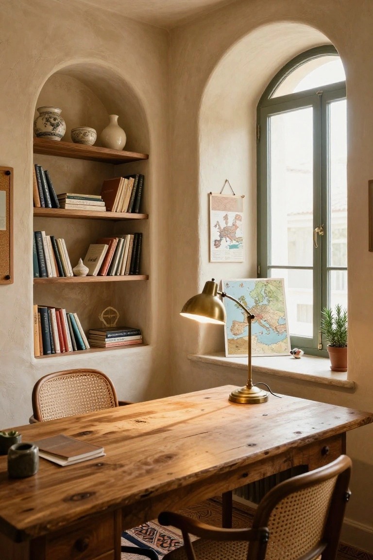 A cozy indoor study with curved beige plaster walls and arched niches containing wooden shelves stocked with books, ceramics, and decor, beside a rustic wooden desk with two cane chairs and a brass desk lamp near a large green-shuttered arched window.