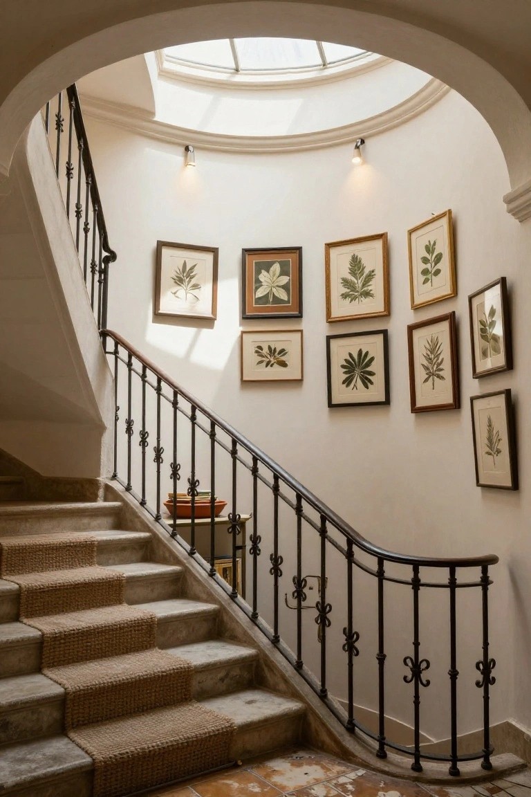 Curved stone staircase with wrought-iron railing in a white rounded stairwell under a skylight, walls lined with assorted framed botanical leaf prints, seagrass runners on steps, and a terracotta bowl on a small table.
