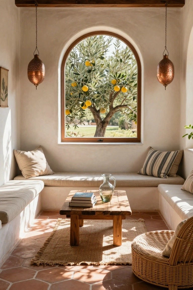Sunlit interior alcove with beige built-in cushioned benches around a low wooden table, large arched window overlooking a yellow-fruited olive tree, two hanging copper lanterns, woven rug, and hexagonal terracotta floor tiles.