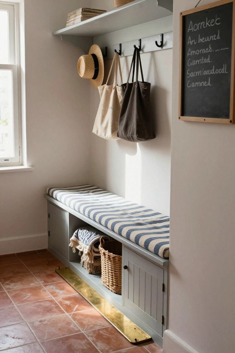 Hallway interior with gray wooden bench storage unit topped by striped cushion, hooks holding bags and straw hat, shelves with books, woven baskets below bench, chalkboard list on wall, and terracotta tile floor.