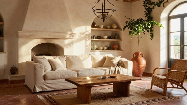 Cozy living room corner with beige plaster walls, arched alcoves and shelves holding various pottery pieces, stone fireplace, white sofa, wooden coffee table, woven rug, and terracotta tile floor.