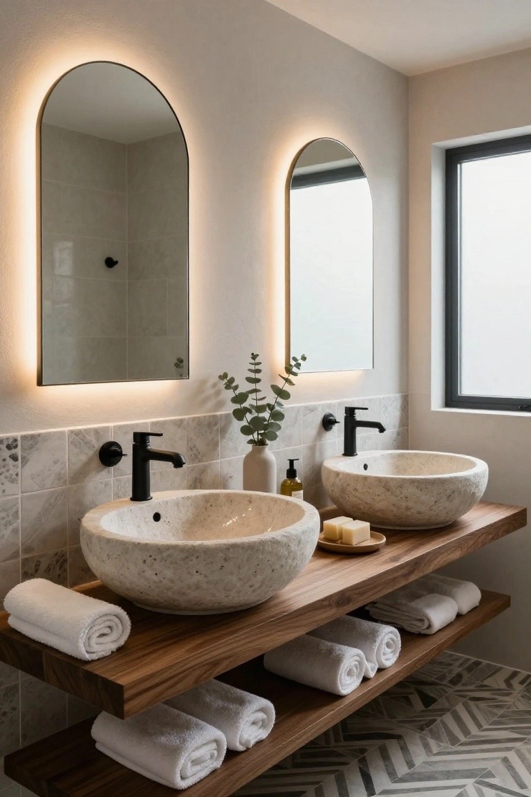 Bathroom featuring a floating walnut wood vanity shelf supporting two large white stone vessel sinks with black faucets, arched backlit mirrors above, rolled white towels stored on lower shelf, eucalyptus branches, neutral tiled walls, and zigzag patterned floor.