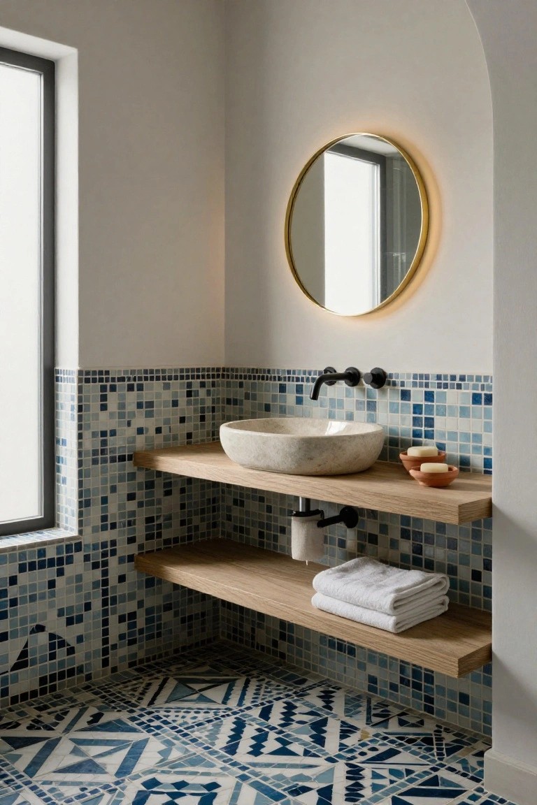 Bathroom vanity corner with round gold-framed mirror, white stone vessel sink on upper oak shelf, black faucet, blue mosaic tiled lower wall and patterned floor, lower oak shelf with white towels and orange soap dishes.