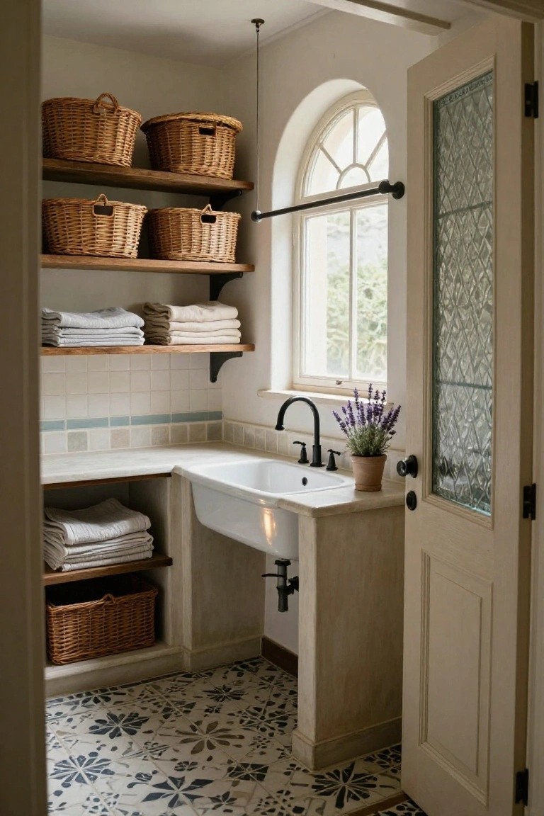 A laundry room with open wooden shelves holding wicker baskets and folded linens, a white sink on a tiled counter, lavender plant nearby, arched window with frosted glass door visible.