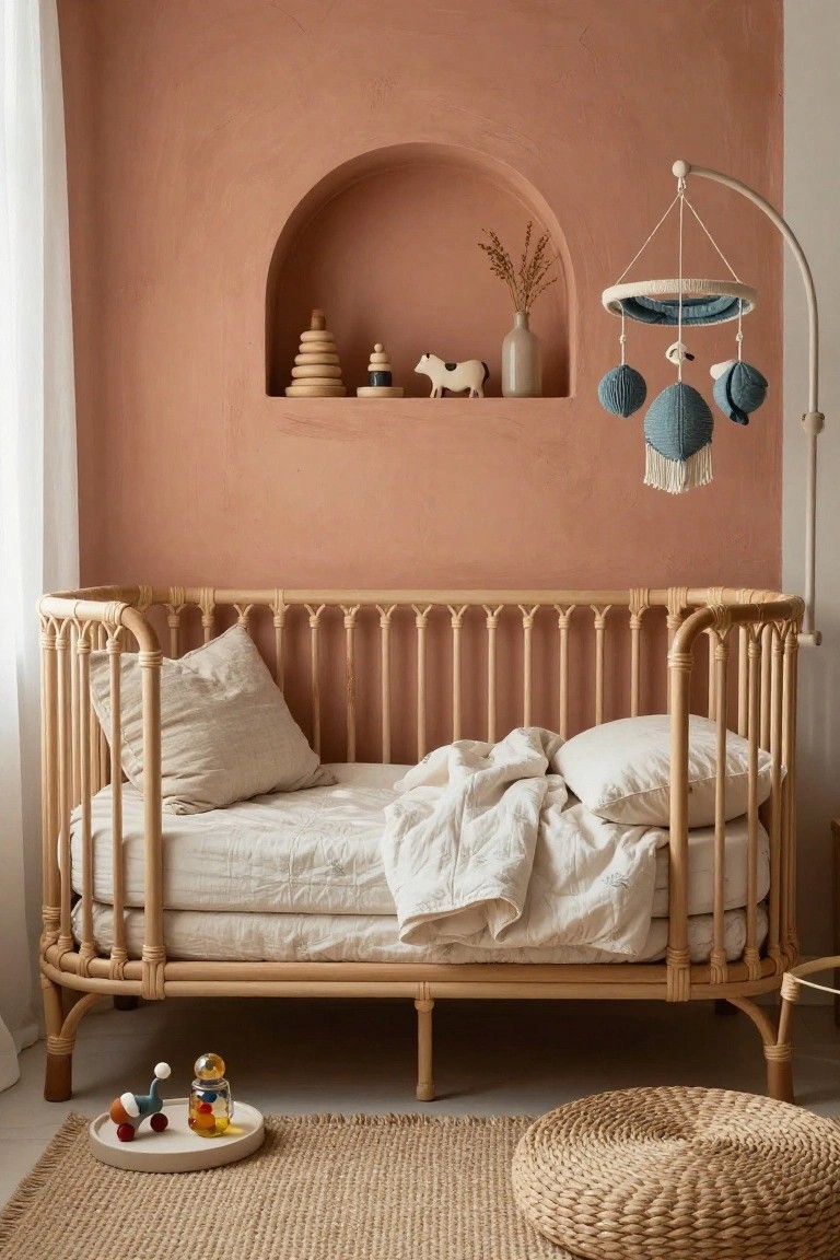 Cozy nursery interior with peach terracotta walls, arched niche holding wooden toys and vase, rattan crib with white linens, blue mobile overhead, toy tray on floor, seagrass rug, and woven pouf.