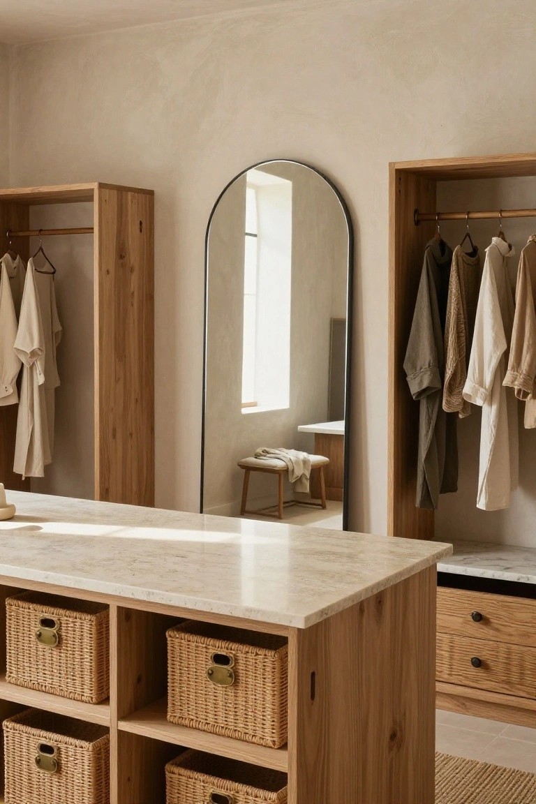 Walk-in closet with light wood open wardrobes on both sides, central wood island topped with white marble and holding four brass-handled wicker baskets, tall arched black-framed floor mirror reflecting a window, neutral-toned clothing hanging, and a cushioned stool nearby.
