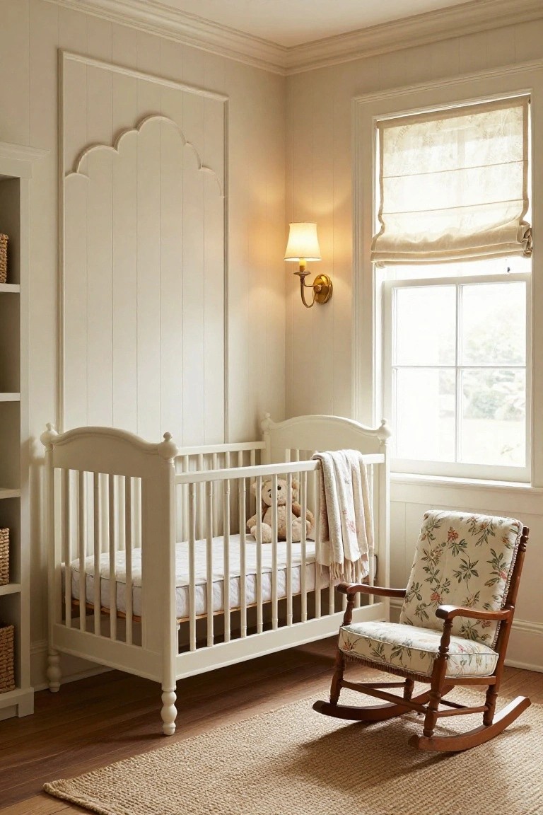 Nursery room with white wooden crib containing teddy bear and blanket, floral upholstered rocking chair on seagrass rug, wall lamp, window with beige roman shade, and white paneled wall with arched molding over built-in shelves.