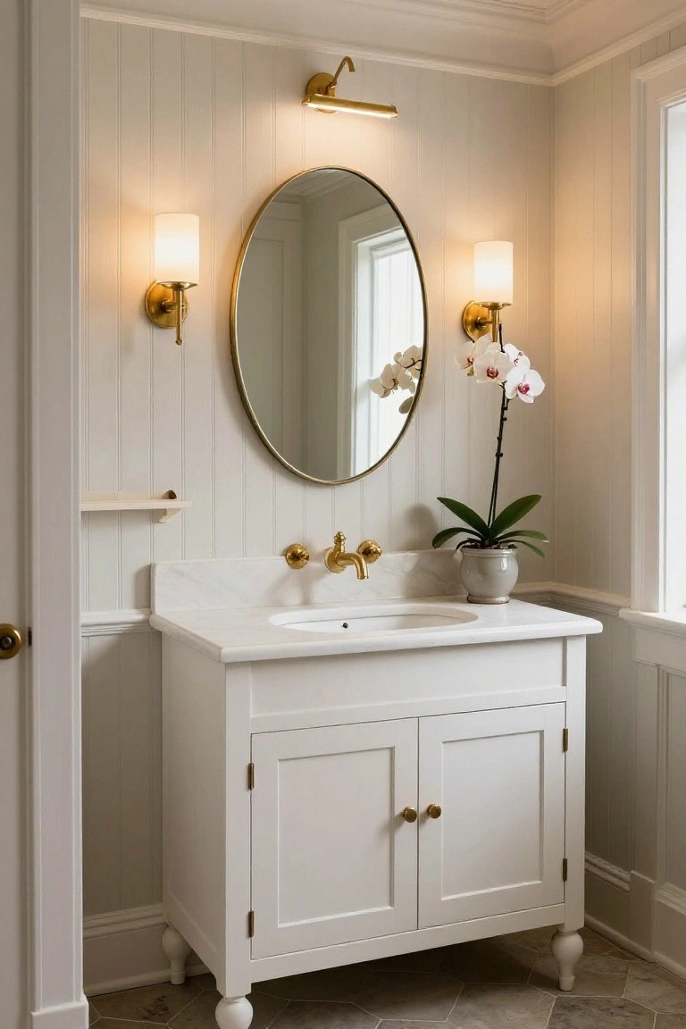 White beadboard-paneled walls in a small bathroom with a white pedestal sink vanity, gold faucet, oval gold mirror, wall sconces, potted white orchid, and hexagonal floor tiles.