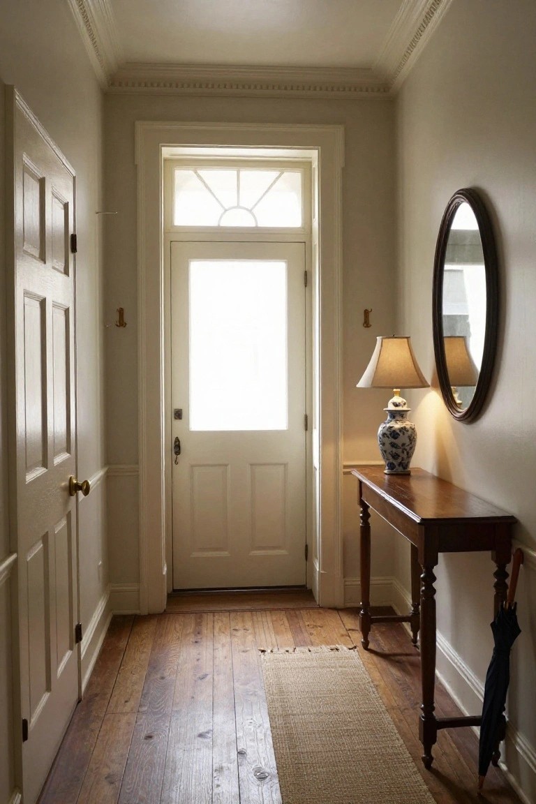 Narrow interior hallway with white paneled doors on left, open white front door with fanlight window straight ahead, wooden console table with lamp and blue vase on right, umbrella stand, hardwood floors, and beige runner rug.