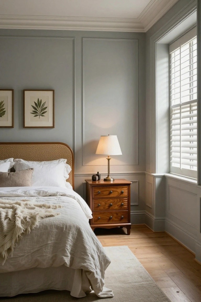 Bedroom with light gray walls featuring raised panel molding, rattan headboard bed with white linens, wooden nightstand and lamp, and window with white shutters.