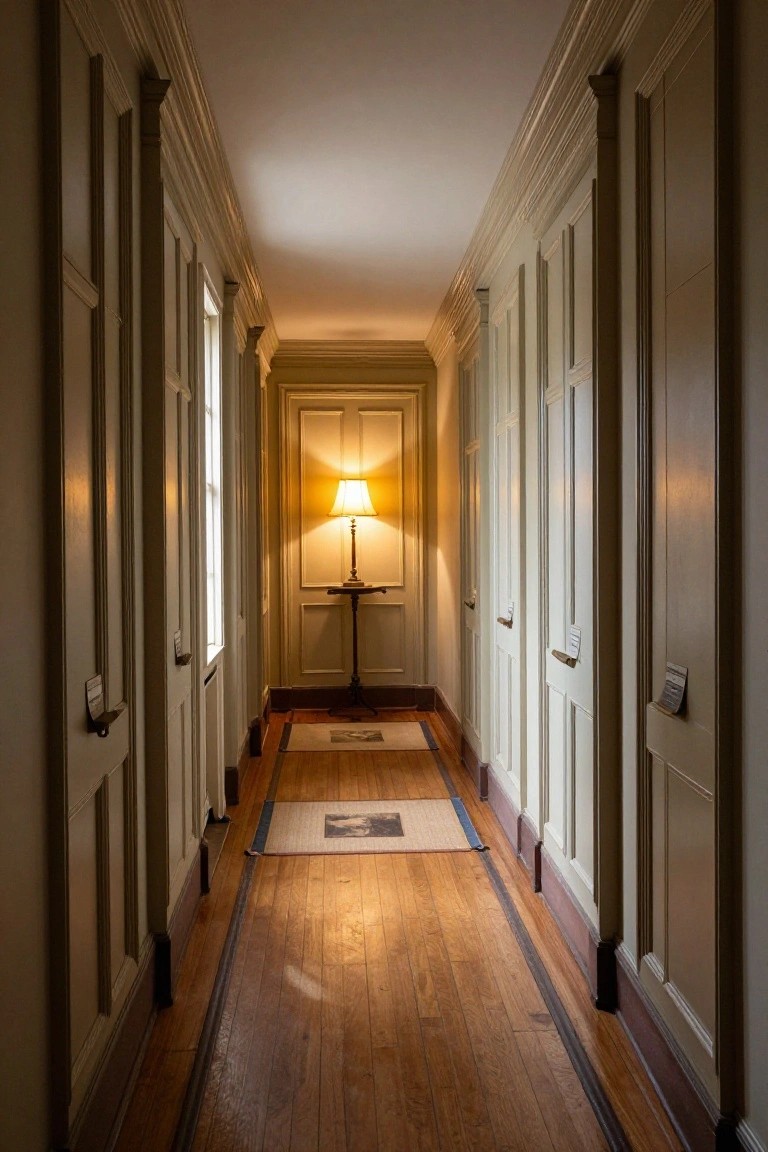 A narrow interior hallway lined with tall beige paneled walls and doors, hardwood floors with a blue-edged runner rug, and a lamp on a table in a central niche.