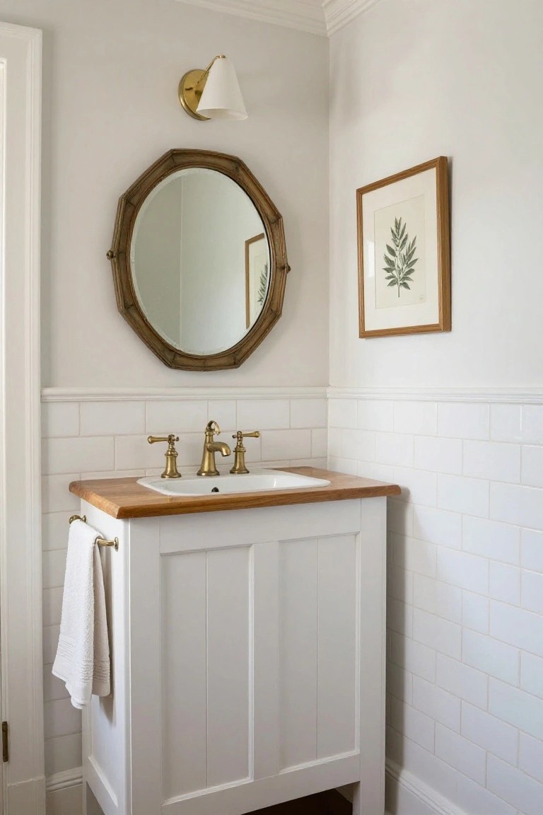 A bathroom corner vanity with white subway tile wainscoting on lower walls, wood-topped white cabinet, brass faucet and handles, hanging white towel, oval bamboo-framed mirror, leaf print artwork, and brass wall sconce.