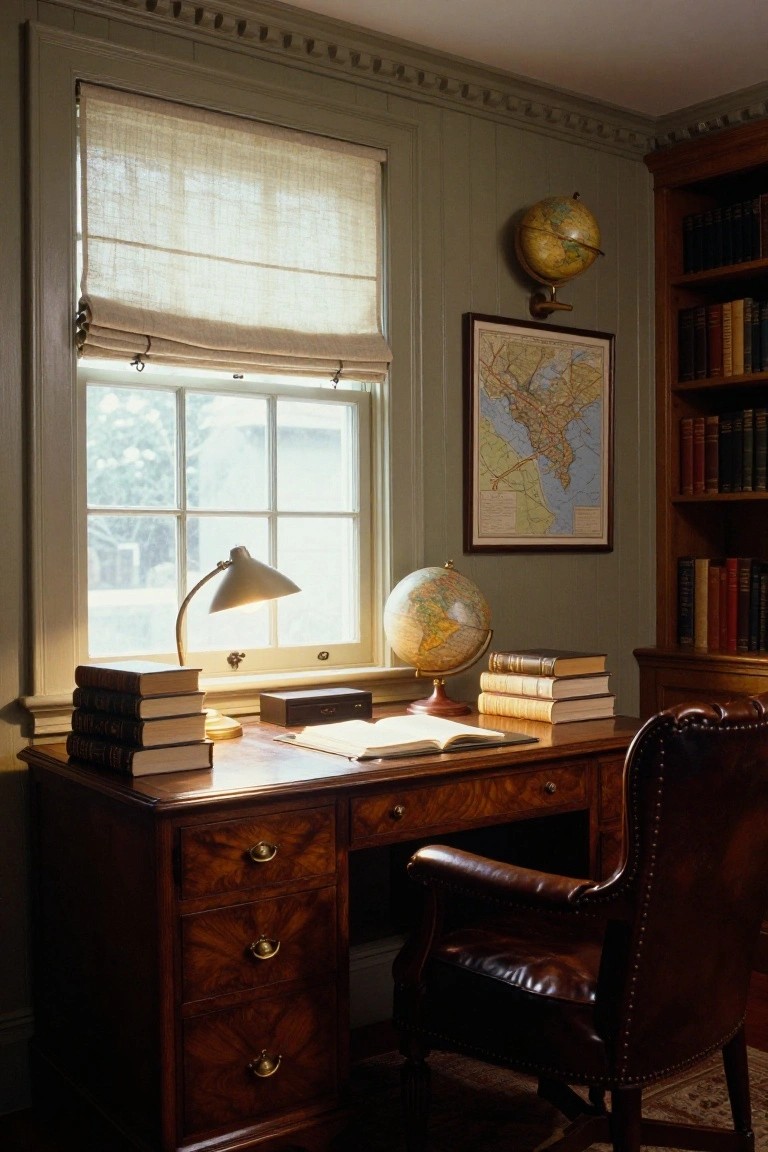 Green-paneled study room with wooden desk, leather armchair, stacked books, globe on desk, built-in bookshelves filled with books, wall map, and window with linen roman shade.