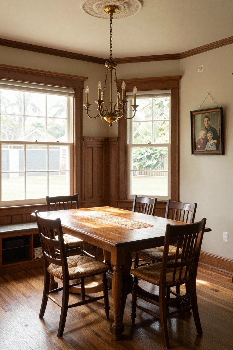 Sunlit dining room with wooden table, rush-seat chairs, brass chandelier overhead, large triple windows with wood frames, paneled wood walls, wainscoting, and hardwood floors.