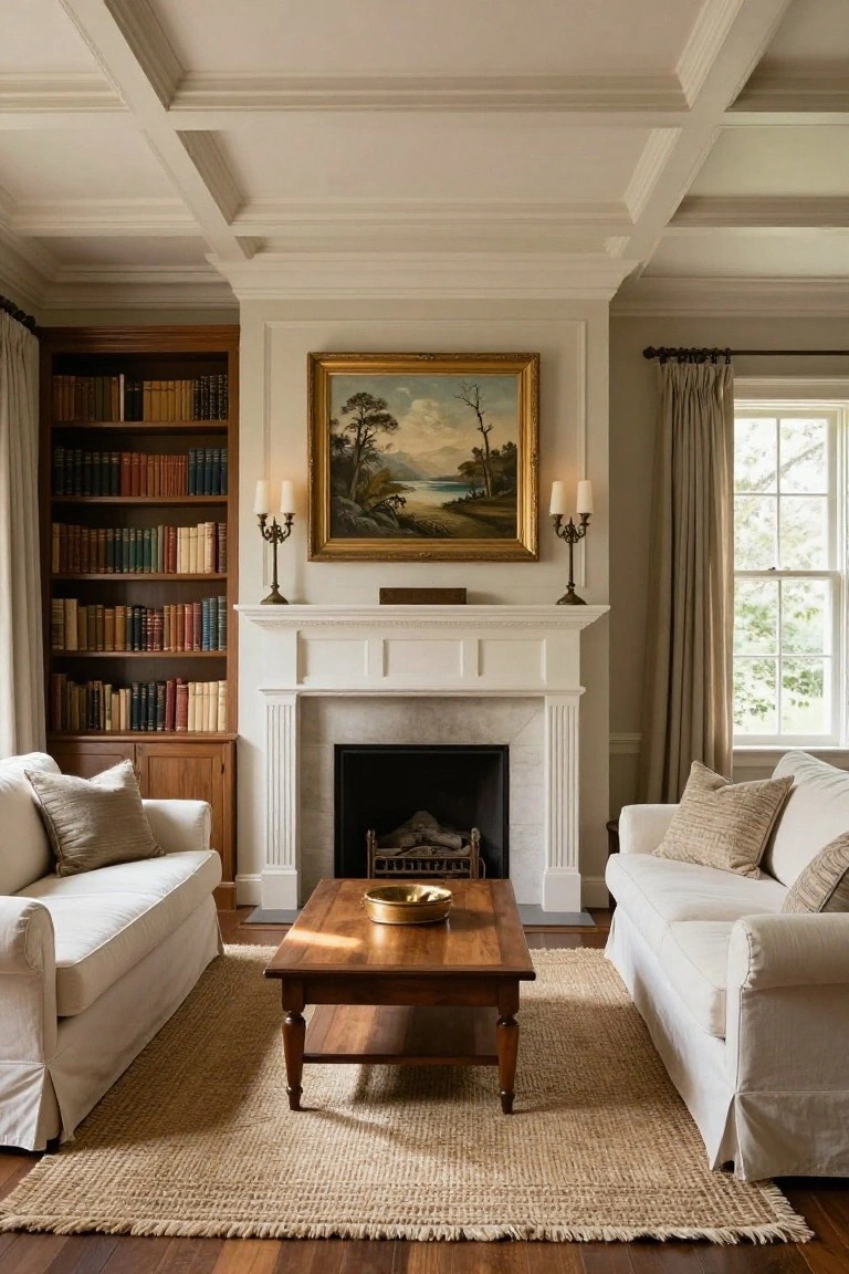 Traditional living room with white coffered ceiling beams, built-in wooden bookshelves, white paneled fireplace mantel flanked by fluted columns, two facing white slipcovered sofas, wooden coffee table, and seagrass rug on hardwood floors.