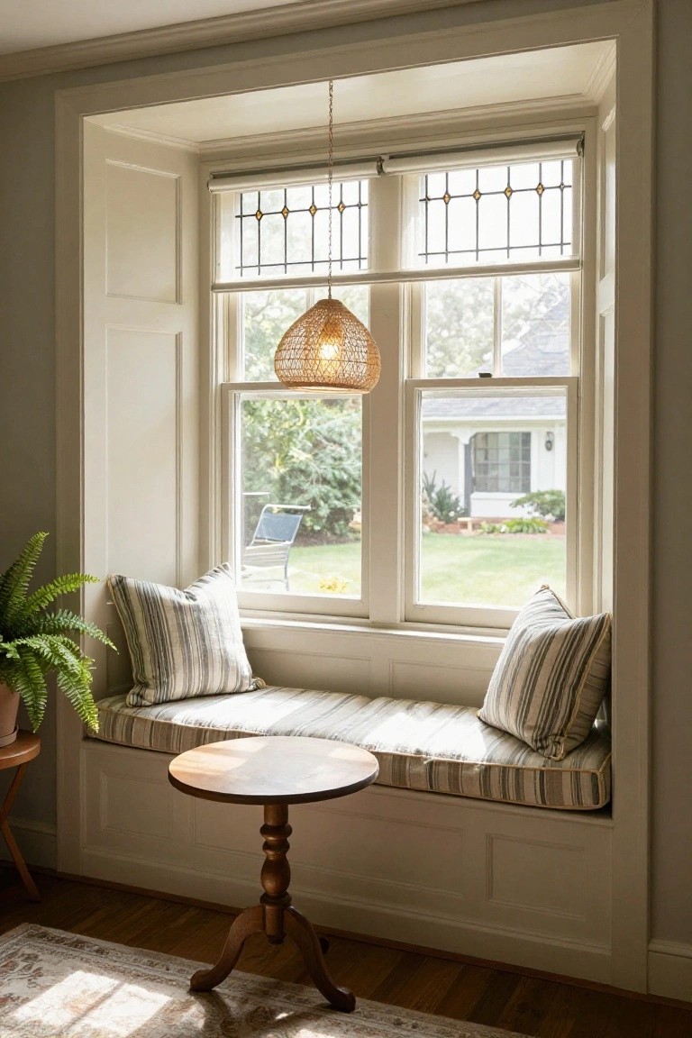 Built-in window seat with striped cushions and pillows, small round wooden table, potted fern, and rattan pendant light in a white-paneled room with large multipane windows overlooking a garden.