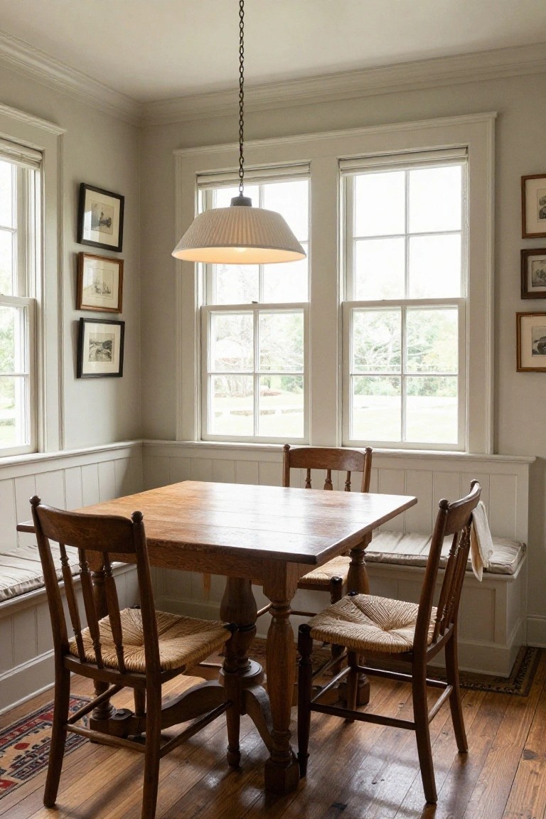 Corner breakfast nook with square wood table, four rush-seat chairs, built-in cushioned bench, white wainscoting on lower walls, large multi-pane windows, pendant light, and hardwood floors.