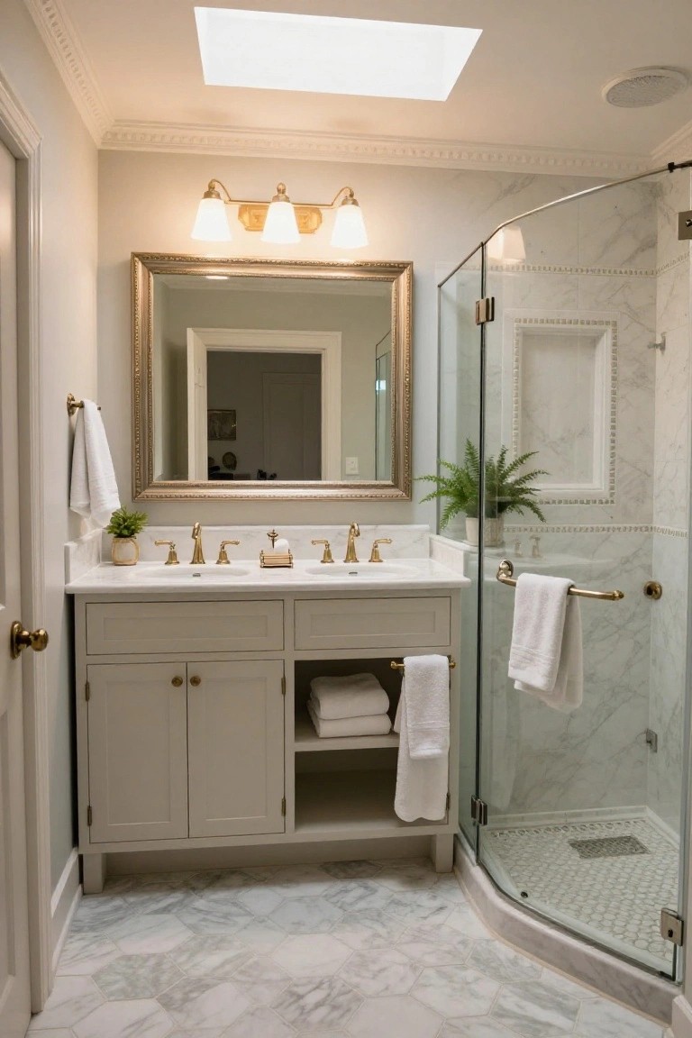 Compact bathroom with white marble hexagonal tile floor and shower walls, gray shaker-style vanity with gold faucets, large framed mirror, glass shower enclosure, and white towels on gold fixtures.
