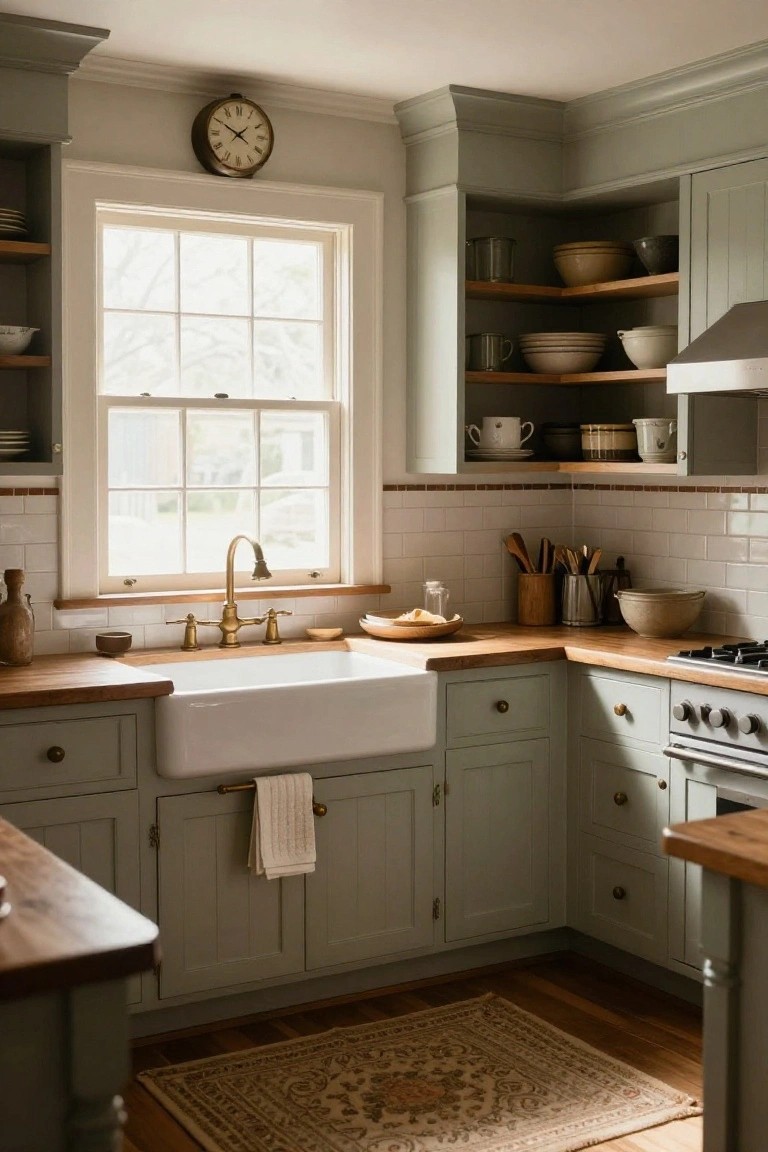 Corner kitchen with sage green shaker-style cabinets topped by crown molding, white subway tile backsplash, farmhouse sink with brass faucet, wood countertops, and open shelves holding pottery.