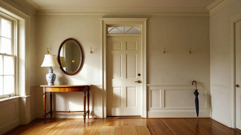 Narrow interior hallway with white paneled doors on left, open white front door with fanlight window straight ahead, wooden console table with lamp and blue vase on right, umbrella stand, hardwood floors, and beige runner rug.