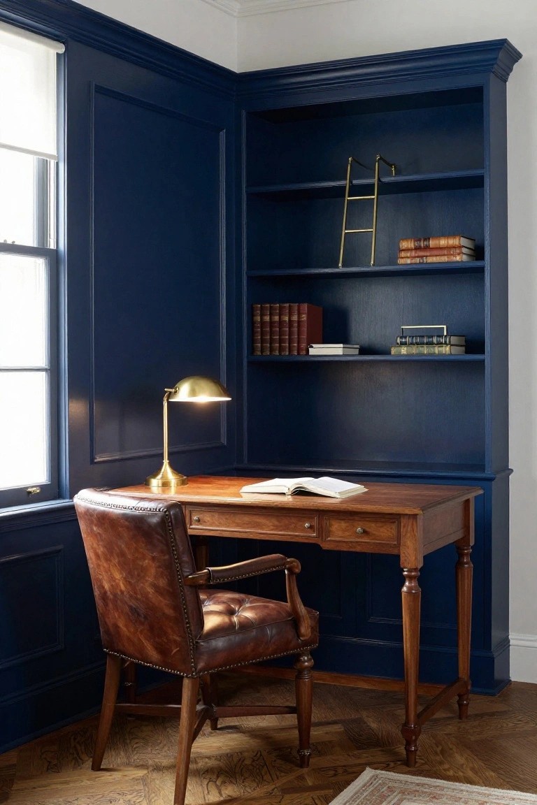 Corner view of a room with navy blue paneled walls and built-in open bookshelves holding books and a gold ladder, beside a wooden desk with open book, leather chair, brass desk lamp, and window with roller shade on hardwood floor.
