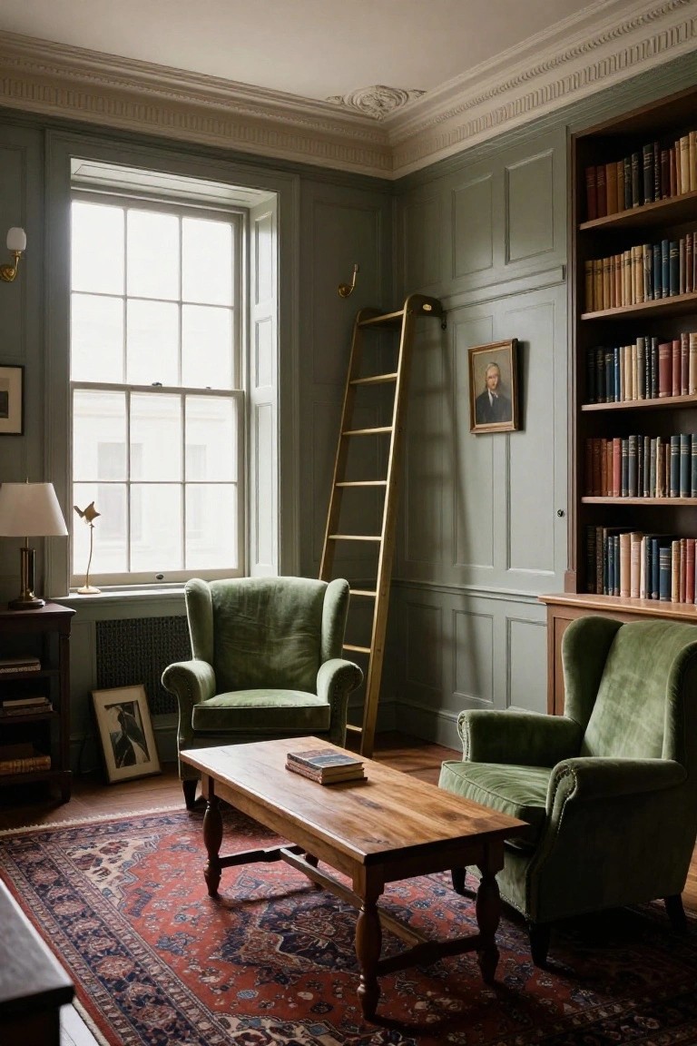 Green paneled walls in a room with built-in bookshelves, brass library ladder, two green armchairs, wooden coffee table, table lamp, and large sash window.