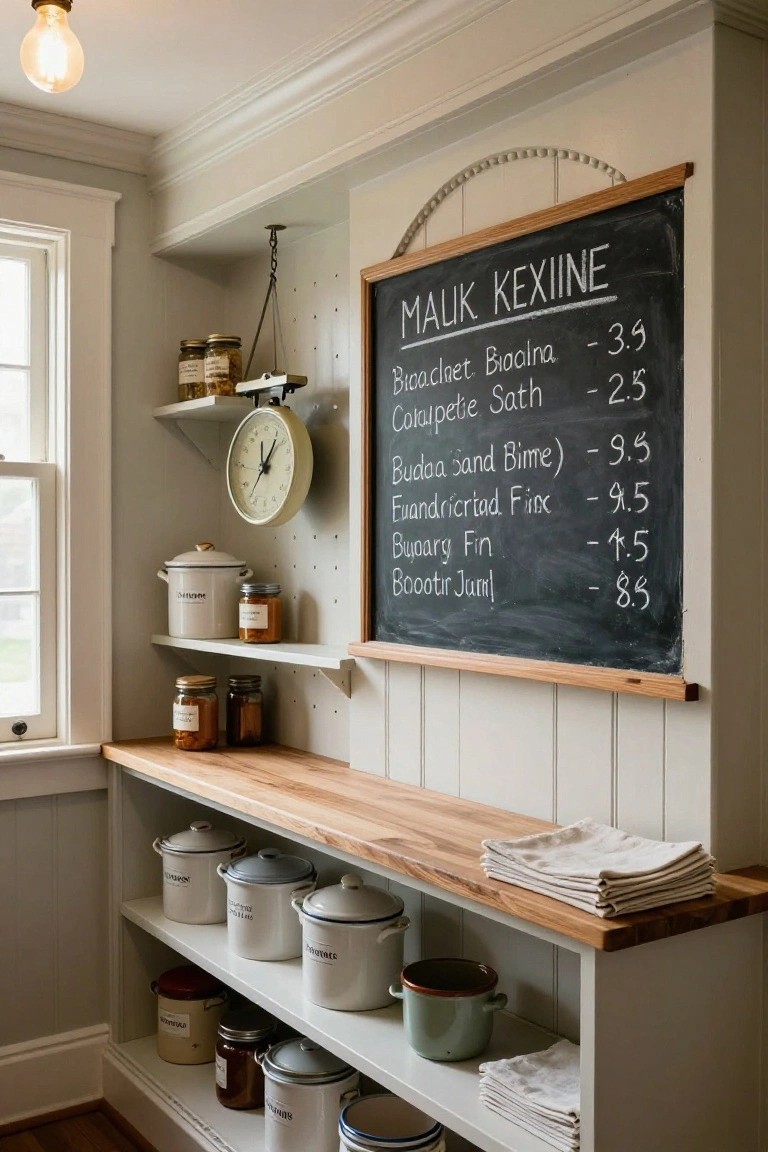 Corner pantry area with white shiplap paneled walls, open wooden shelves holding white crocks and jars, a large framed chalkboard menu, wall clock, and potted plants.