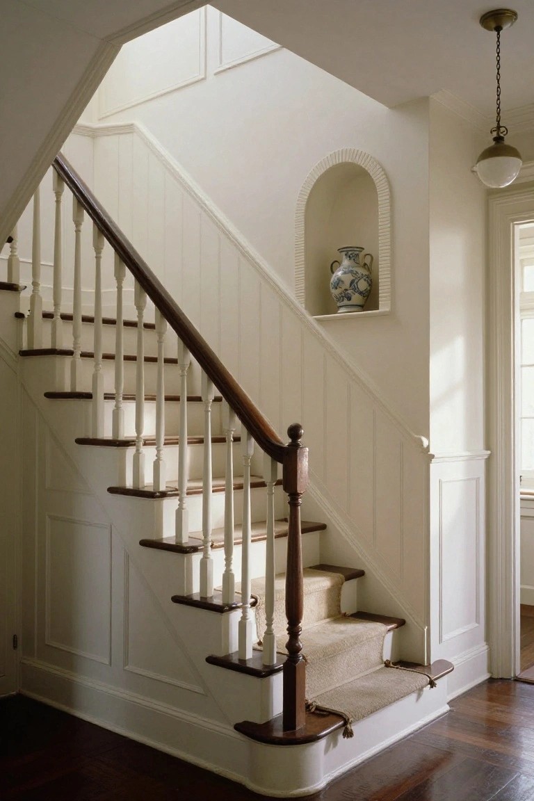 White-painted staircase with dark wood handrail and treads, raised panel wainscoting on surrounding walls, arched niche shelf holding a blue and white vase, pendant light overhead, and hardwood floors below.