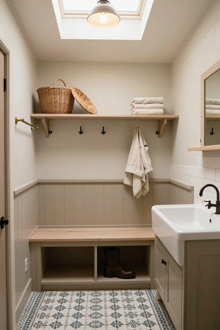 Small interior mudroom with light gray wainscoting on lower walls, wooden bench with open storage containing boots, white farmhouse sink on cabinet, floating wood shelves holding basket and folded towels, hooks, and blue-and-white patterned tile floor under skylight.