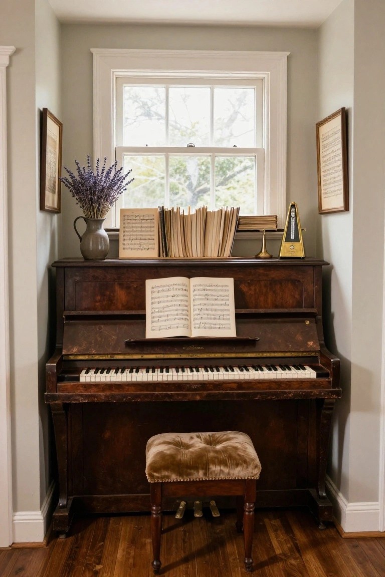 Antique upright piano in a pale gray alcove with open sheet music on the stand, stacked books, a yellow metronome, lavender bouquet in a pitcher, and framed sheet music on walls next to a large window.