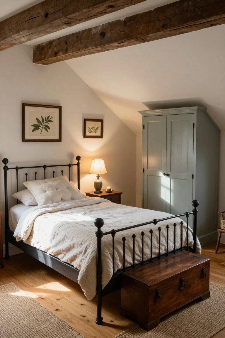 Attic bedroom with dark exposed wooden ceiling beams, white sloped walls, black iron bed with white linens and pillows, green tallboy wardrobe, wooden nightstand with lamp, wooden chest, botanical prints, hardwood floor, and jute rug.