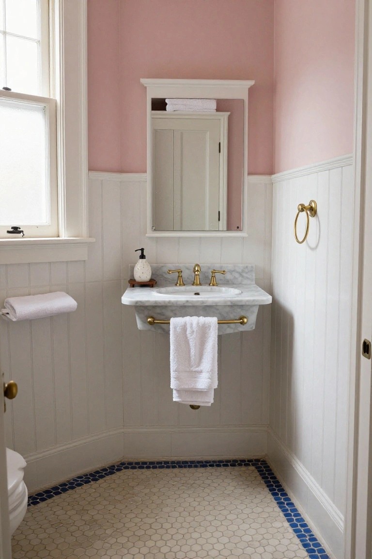 Small corner bathroom featuring pale pink upper walls, white beadboard wainscoting, wall-mounted marble sink with brass faucet and towel bar, hex tile floor with blue border tiles, linen cabinet above mirror, toilet, and towel holder.