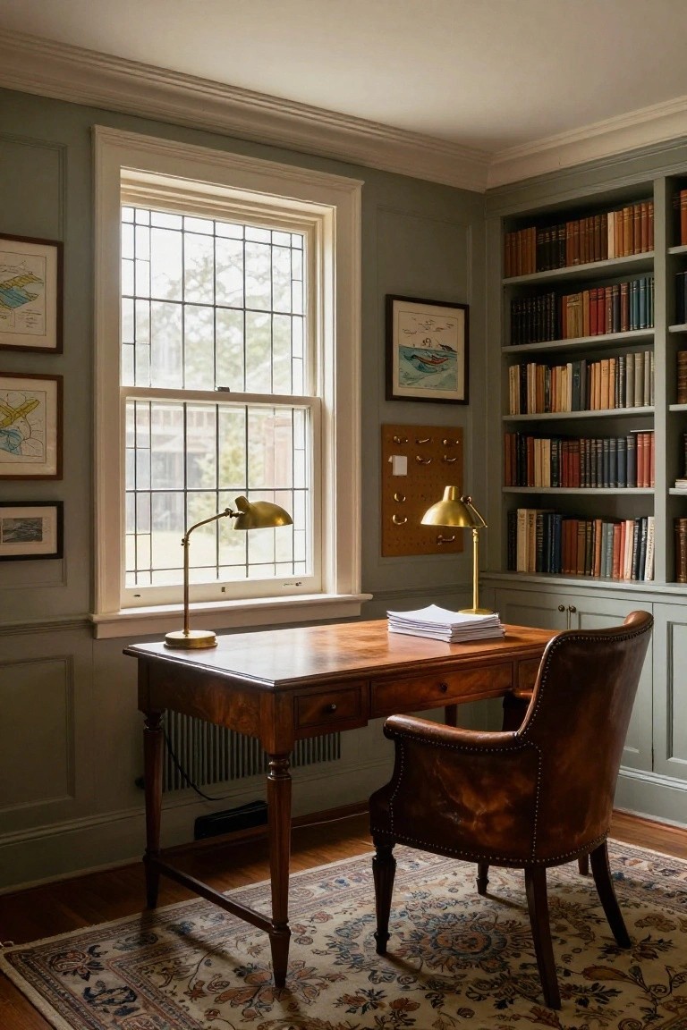Sage green paneled corner study with floor-to-ceiling bookshelves on two walls, wooden desk with papers and brass lamp, tufted leather desk chair, leaded glass window, and cork bulletin board.