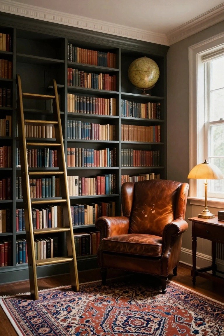 Dark wood bookshelves lining a room wall filled with leather-bound books, a wooden rolling ladder positioned against the shelves, a leather armchair with a table and lamp beside it, a globe on a shelf, and a patterned rug on wood floors.