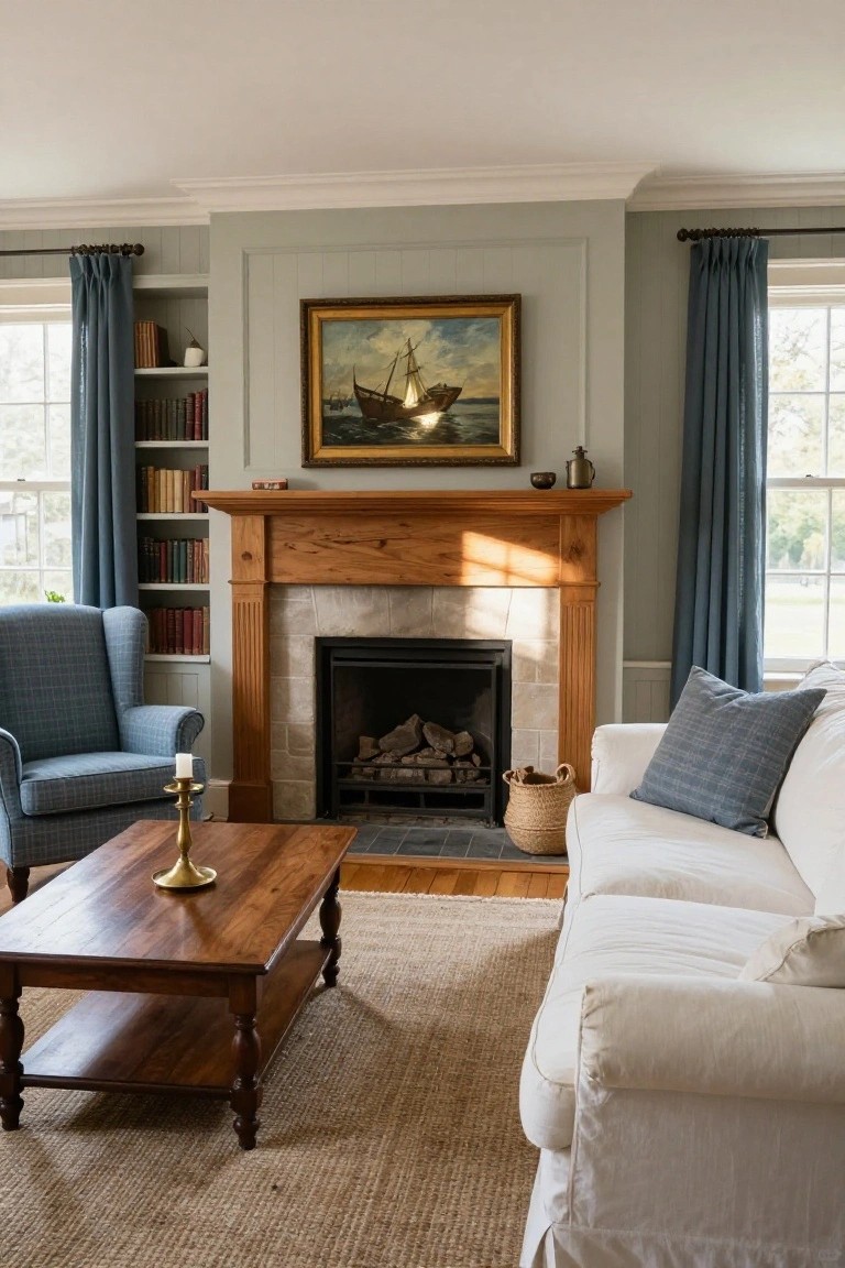 Living room with wooden mantel fireplace centered on a pale green wall, built-in bookshelves on either side, blue curtains at windows, blue plaid armchair, white slipcovered sofa, wooden coffee table with candlestick, seagrass rug, and nautical painting above mantel.