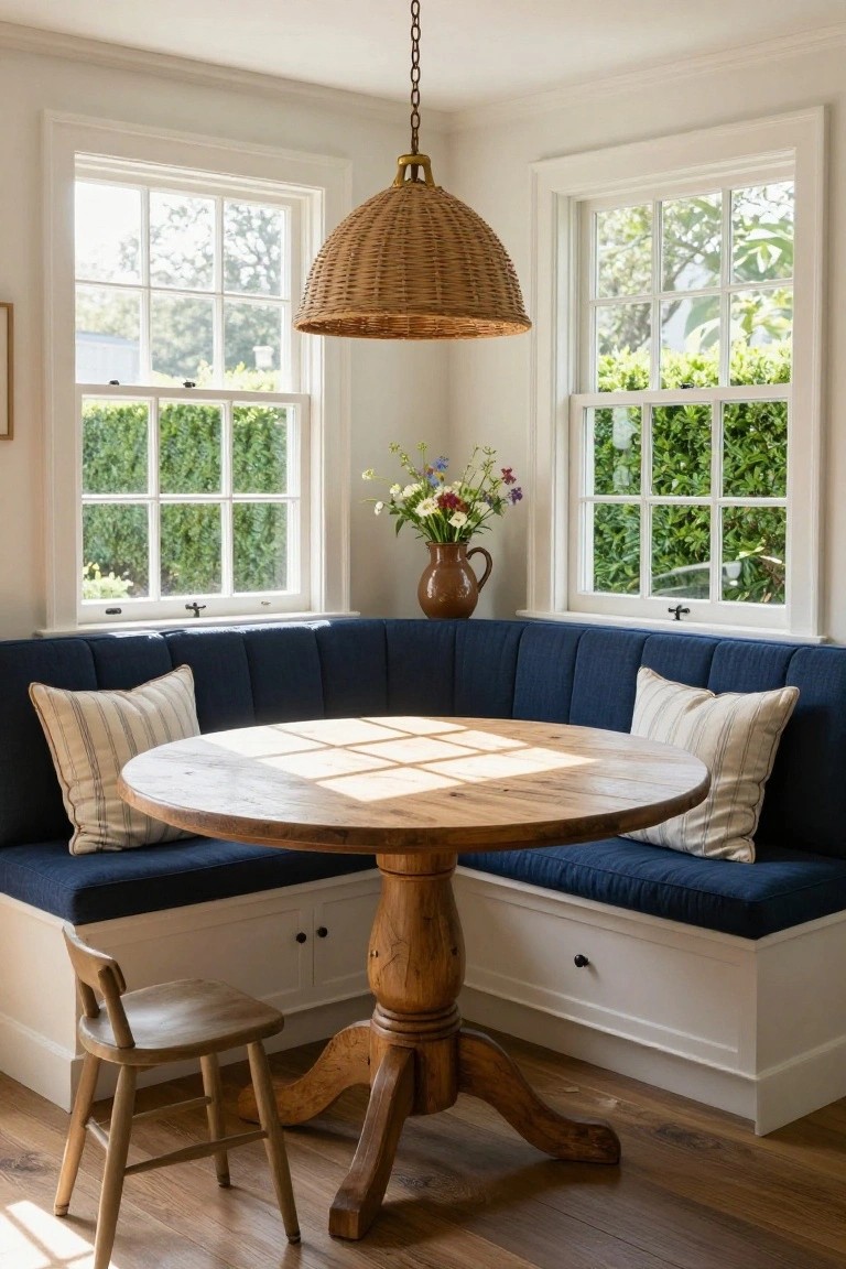Sunlit kitchen corner with navy blue tufted banquette seating around a round wooden pedestal table, one wooden chair, wicker pendant lamp overhead, terracotta vase with flowers on shelf, and large multipane windows showing greenery outside.