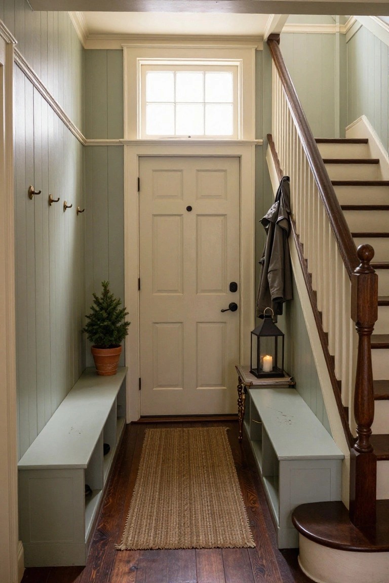 Narrow interior entryway with pale green paneled walls, white front door, matching green benches with under-storage, brass coat hooks, small potted evergreen, lantern on table, coat draped on wooden stairs, and jute runner on heart pine floors.