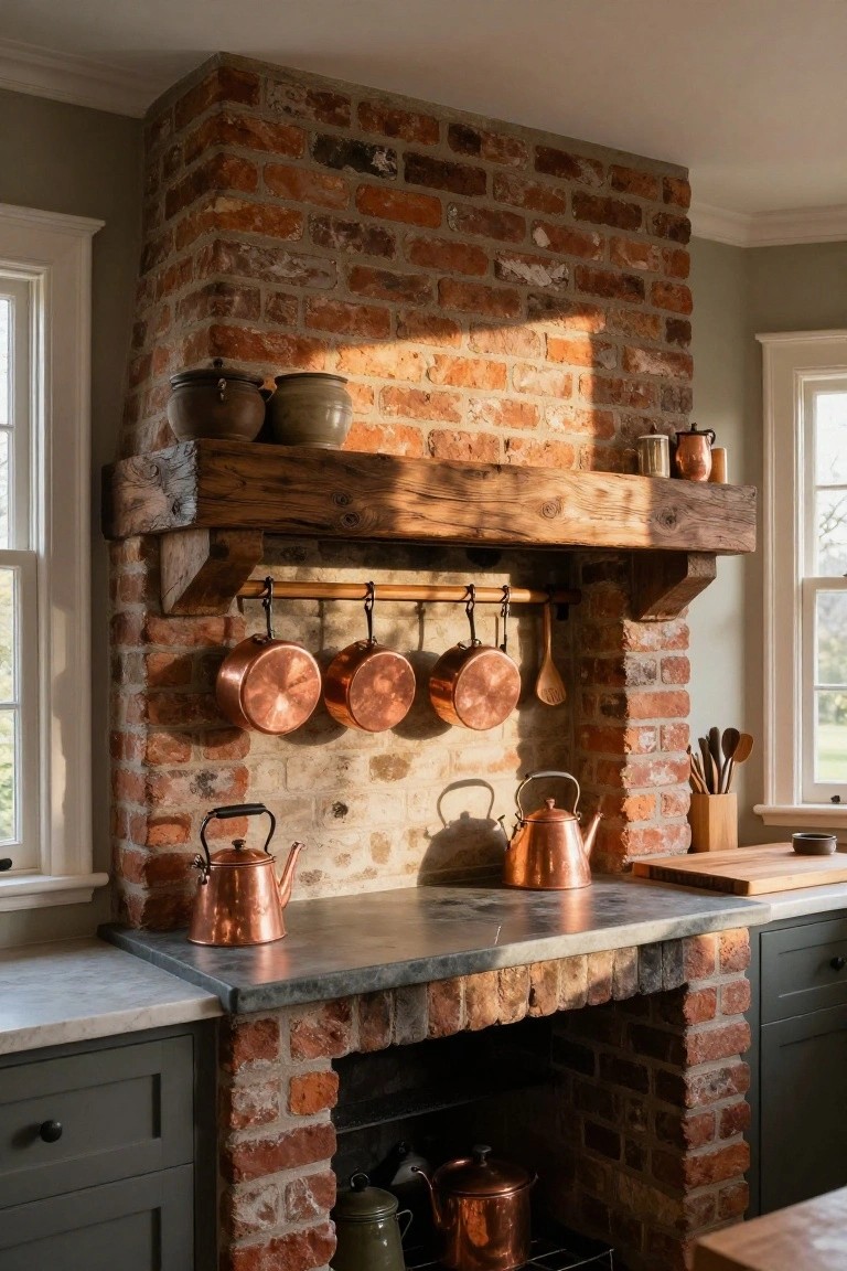 Kitchen with tall exposed brick chimney and wooden beam mantel shelf, several copper pots and kettles hanging from a rack and placed on counters and in the hearth area, dark green cabinets, white marble and gray soapstone countertops, and wooden cutting boards near windows.
