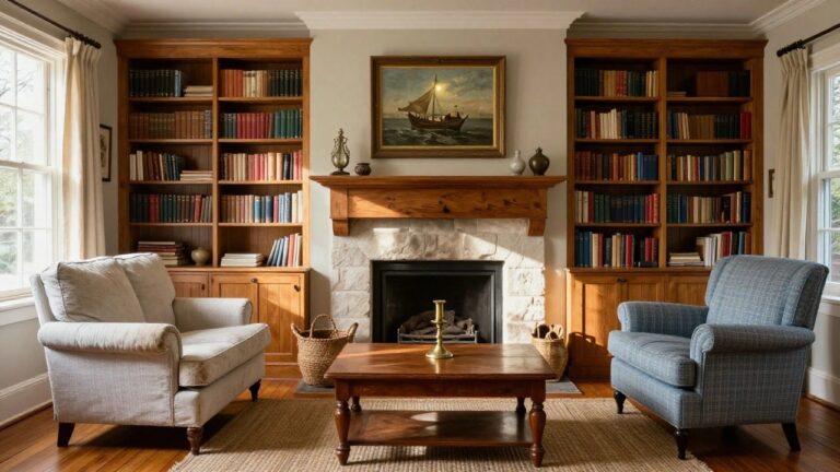 Living room with wooden mantel fireplace centered on a pale green wall, built-in bookshelves on either side, blue curtains at windows, blue plaid armchair, white slipcovered sofa, wooden coffee table with candlestick, seagrass rug, and nautical painting above mantel.