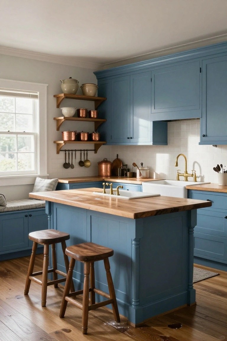 Kitchen interior with navy blue shaker cabinets, wooden island countertop and stools, white subway tile backsplash, brass faucet over farmhouse sink, copper pots on wall shelves, and window with natural light.