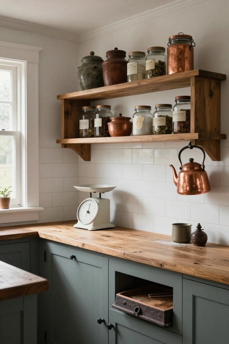 Corner kitchen view showing wooden open shelves with assorted jars, pots, and ceramics, sage green lower cabinets, wooden countertop, white subway tile backsplash, hanging copper teapot, and white scale.