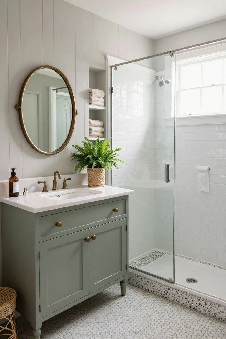 A small bathroom with light gray shiplap walls, sage green wooden vanity cabinet on legs with brass hardware and pulls, white quartz countertop and sink, brass gooseneck faucet, oval brass mirror, glass shower enclosure with white subway tile walls and pebble drain border, white hexagon floor tiles, folded white towels on shelves, potted fern on vanity, and wicker basket on floor.