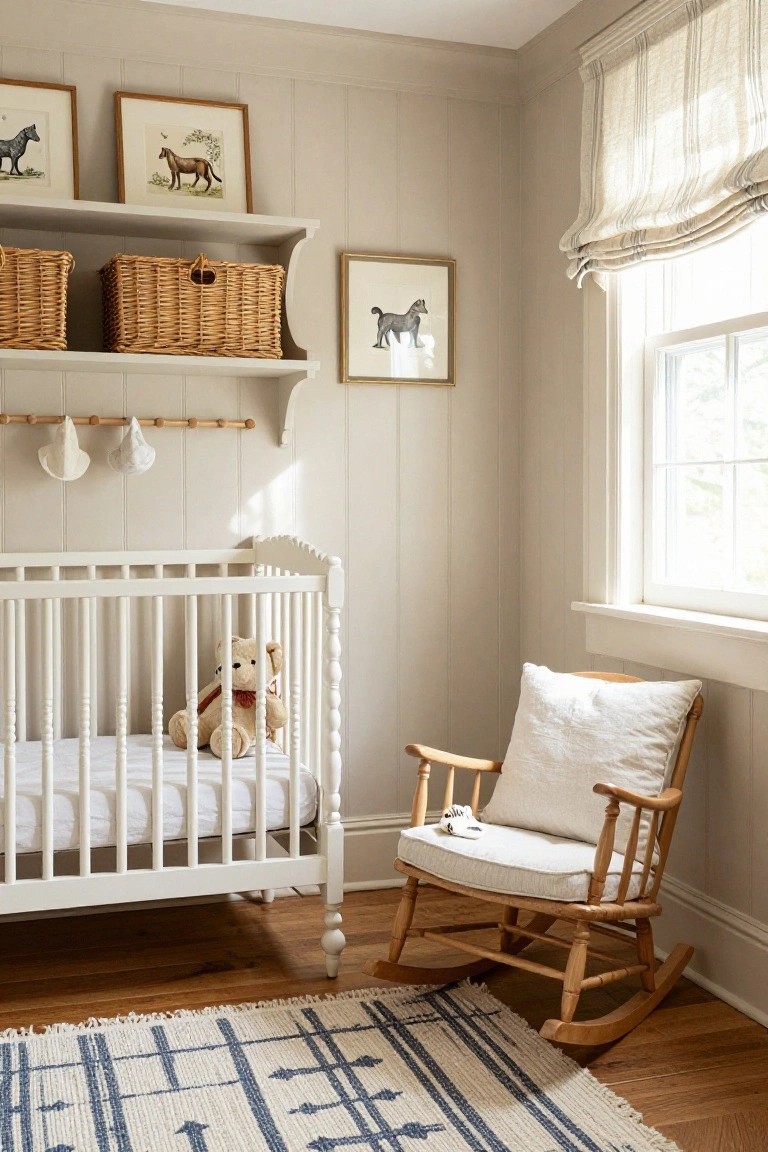 A nursery with pale vertical shiplap walls, white spindle crib containing a teddy bear, wooden rocking chair with cushions, wall shelves holding wicker baskets and horse artwork, and a woven rug on hardwood floors.