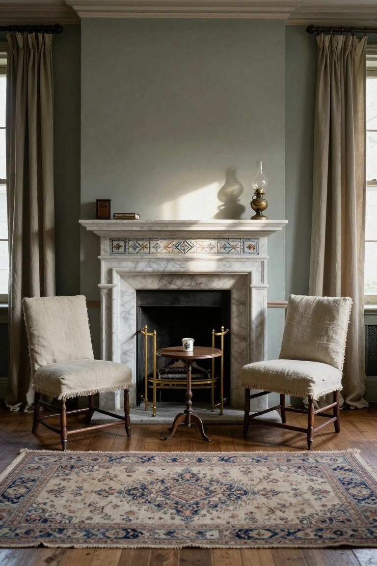 Slipcovered Chairs Face the Fireplace