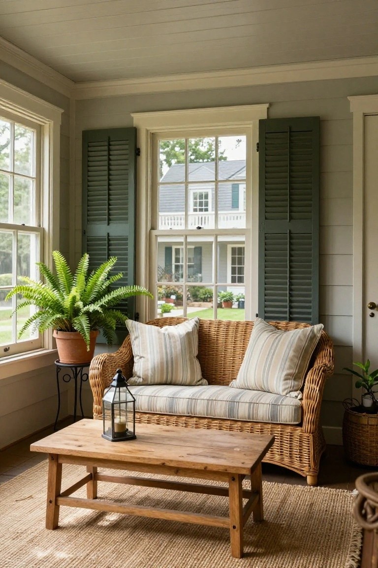 Sunroom with beige wicker loveseat topped by white and blue striped pillows, wooden coffee table with lantern, potted fern on metal stand, seagrass rug, and large windows overlooking green-shuttered house exterior and garden.