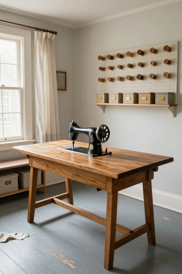 Gray interior room with wooden workbench holding black treadle sewing machine, white pegboard wall displaying wooden thread spools, wooden shelves with labeled boxes above, bench nearby, and window with white curtains.