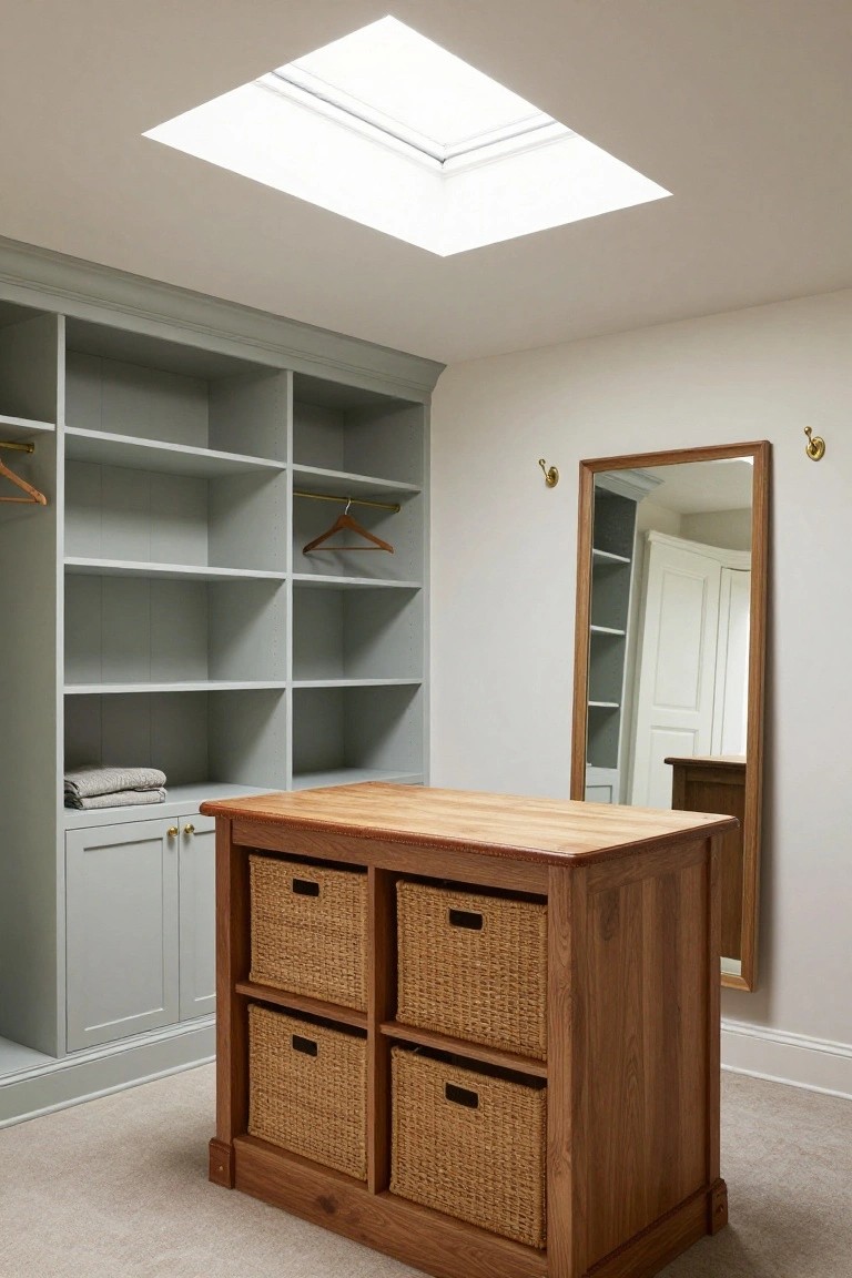 Walk-in closet with light gray built-in cabinets and shelves, wooden hanging rods, central oak island topped with four woven basket drawers, full-length wood-framed mirror on wall, and skylight in ceiling.