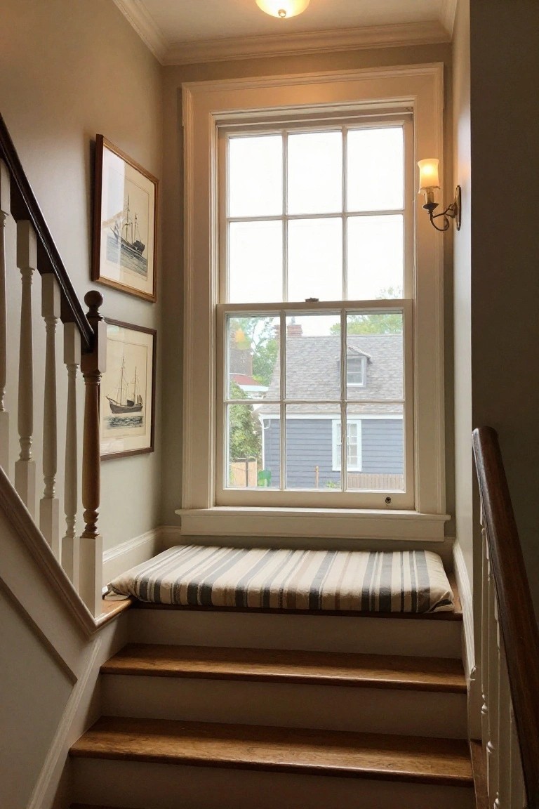Stairwell with wooden steps, beige walls, nautical ship paintings, a striped cushioned bench under a large multipane window overlooking neighboring houses, and wall sconce lighting.