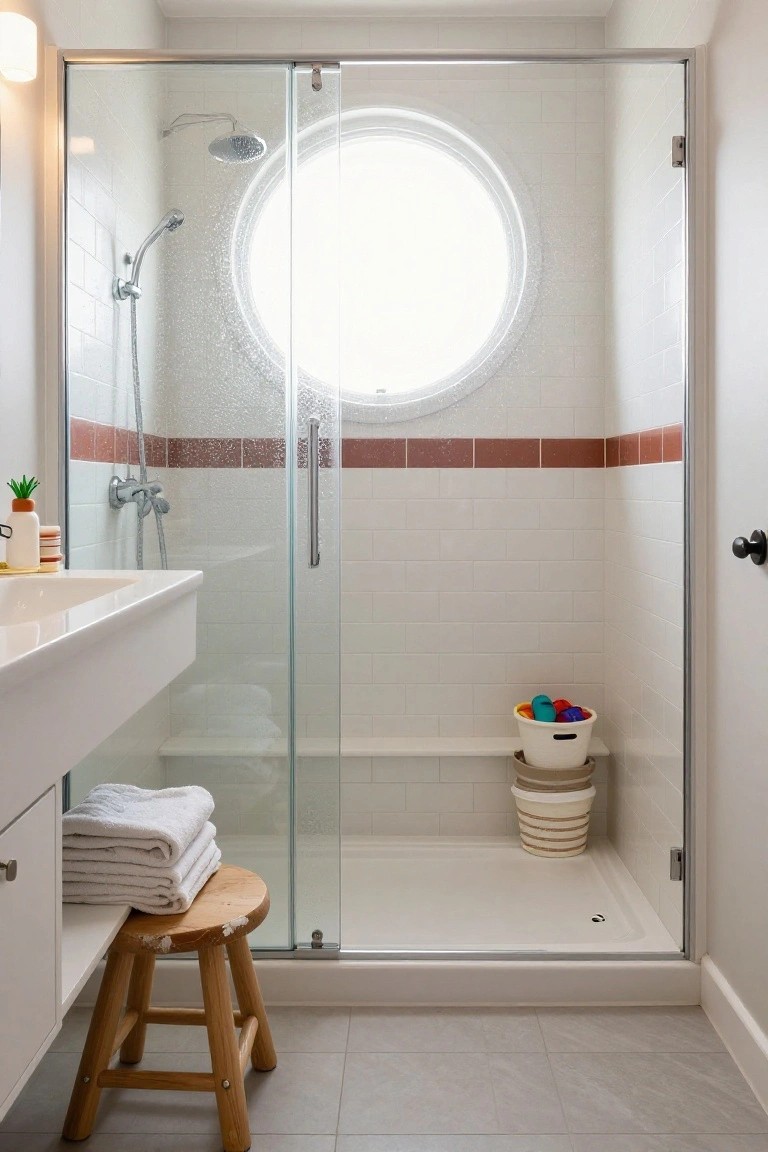Compact bathroom with frameless glass shower enclosure, white subway tiles accented by red trim, round window, handheld showerhead, white vanity, and wooden stool next to folded towels.