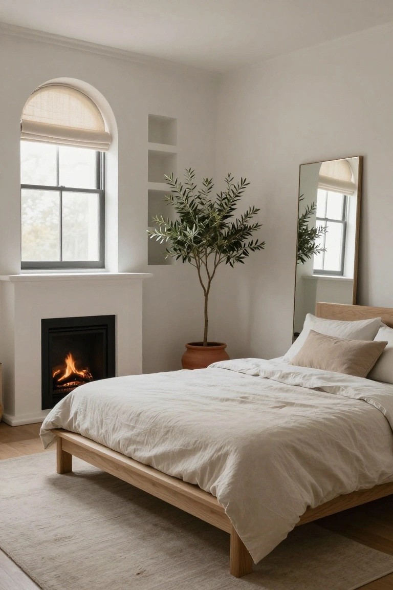 White bedroom with low oak platform bed covered in beige linen sheets and pillows, lit black fireplace in white surround, tall olive tree in terracotta pot, full-length mirror, and arched window with rolled shade.